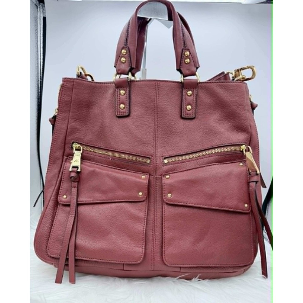 Aimee Kestenberg Burgundy Pebbled Leather Satchel Gold Studded Tote Bag Large